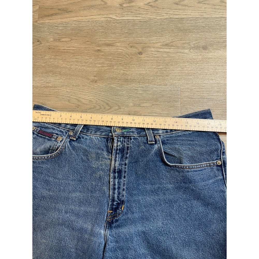 Vintage 90s Tommy Hilfiger Big Flag Patch Jeans Mens 36x34 Straight Leg Blue Den - Picture 9 of 11